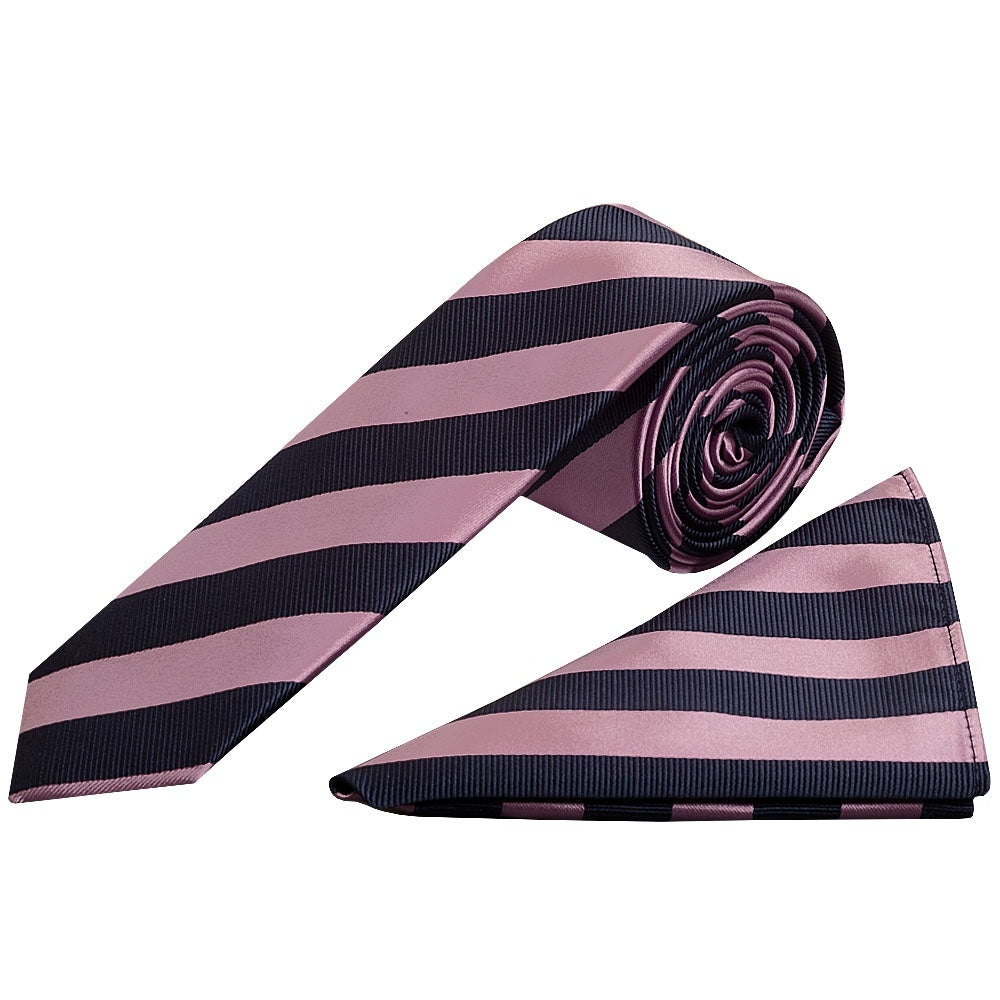 Navy And Lilac Striped Skinny Mens Tie And Pocket Square Set 1