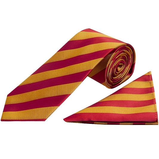 Red And Gold Striped Classic Mens Tie And Pocket Square Set 1
