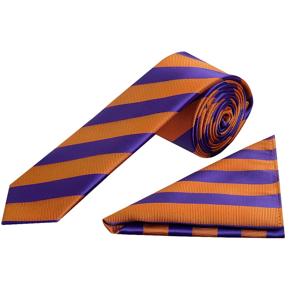 Purple And Orange Striped Skinny Mens Tie And Pocket Square Set 1
