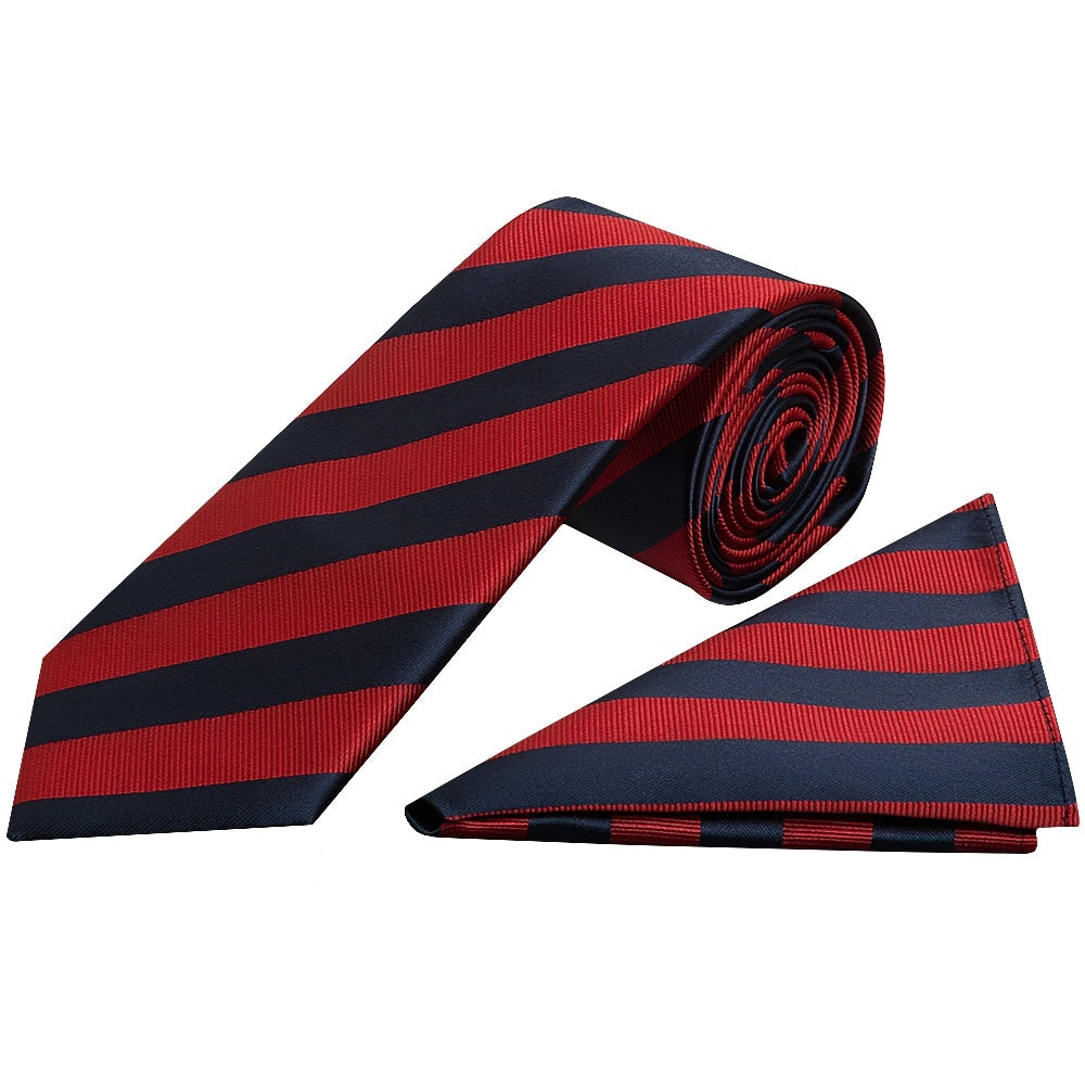 Navy And Red Striped Classic Mens Tie And Pocket Square Set 1
