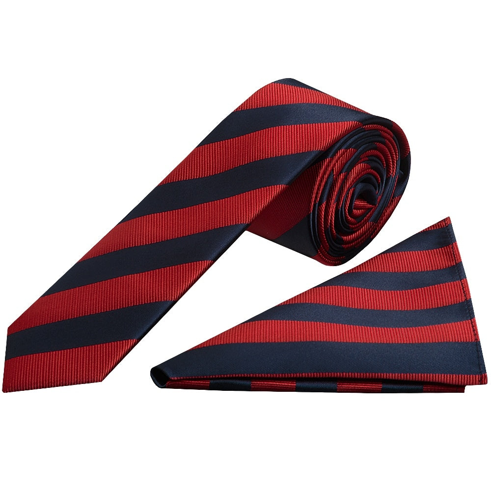 Navy And Red Striped Skinny Mens Tie And Pocket Square Set 1