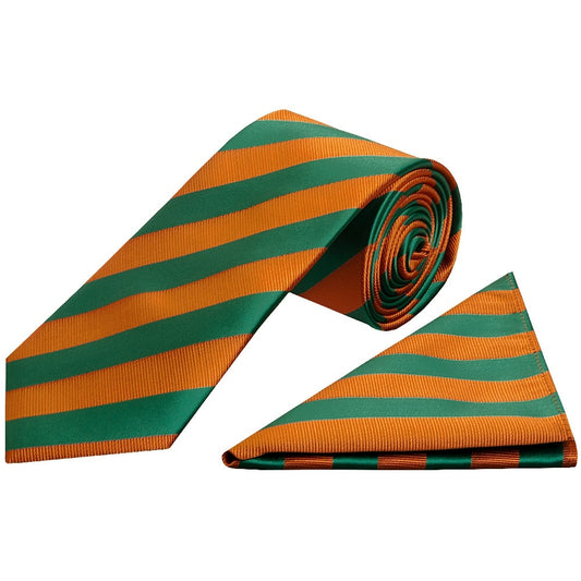 Orange And Green Striped Classic Mens Tie And Pocket Square Set 1