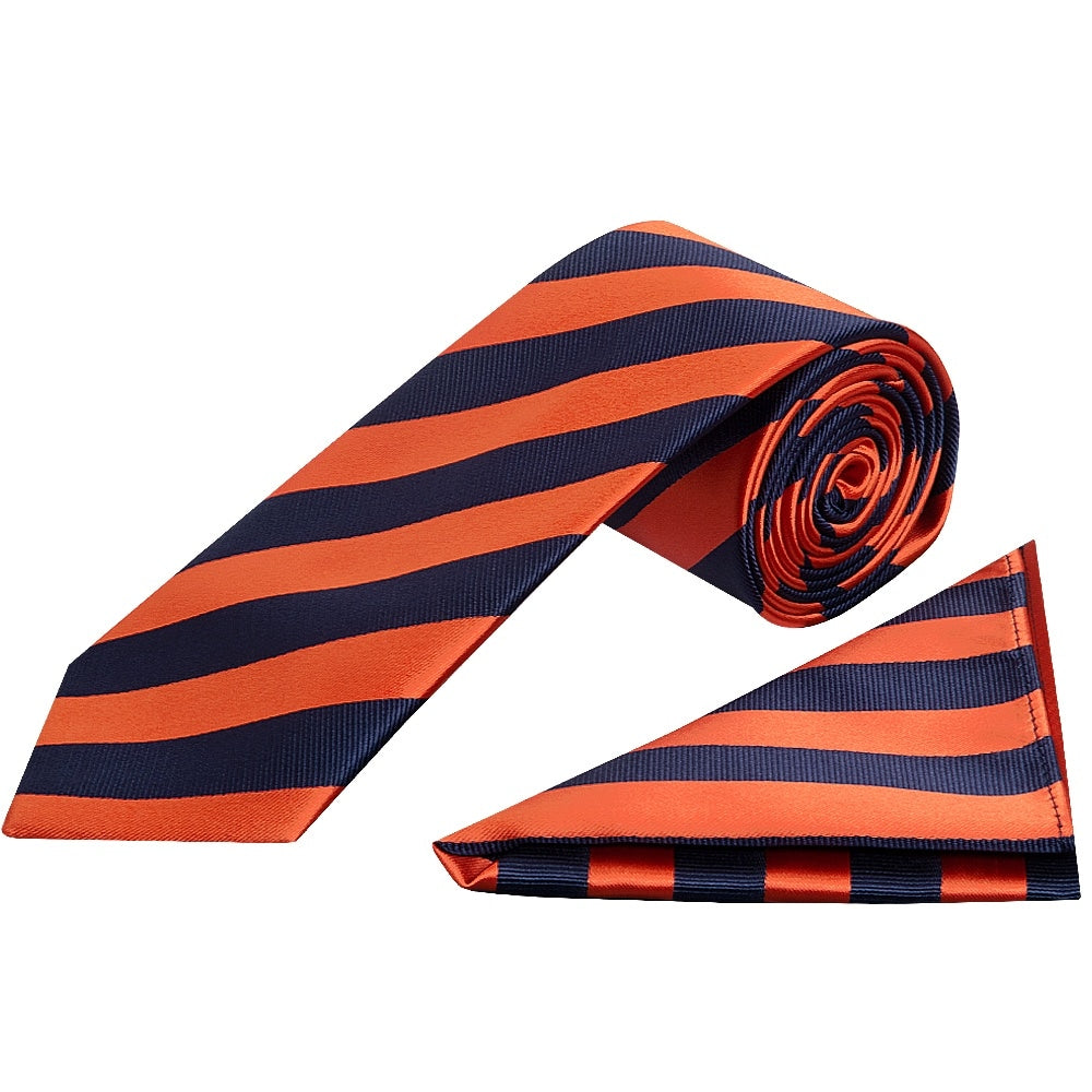 Navy And Orange Striped Classic Mens Tie And Pocket Square Set 1