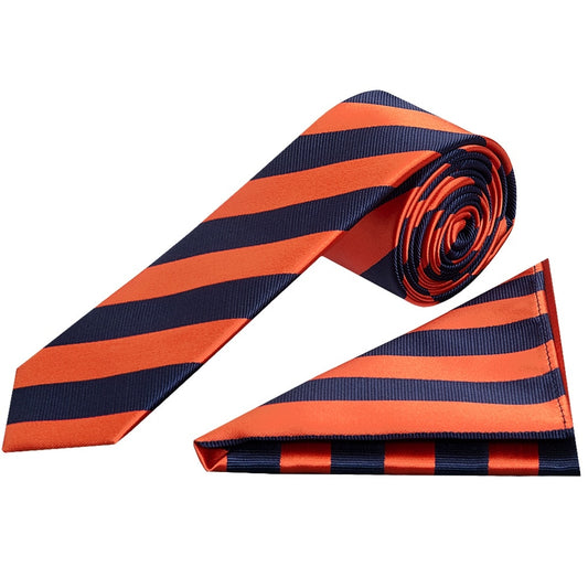 Navy And Orange Striped Skinny Mens Tie And Pocket Square Set 1