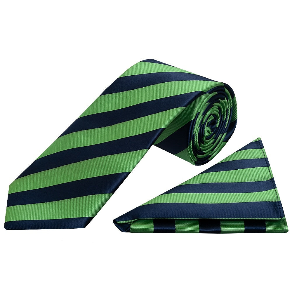 Navy And Lime Striped Classic Mens Tie And Pocket Square Set 1