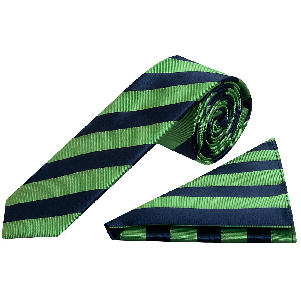 Navy And Lime Striped Skinny Mens Tie And Pocket Square Set 1