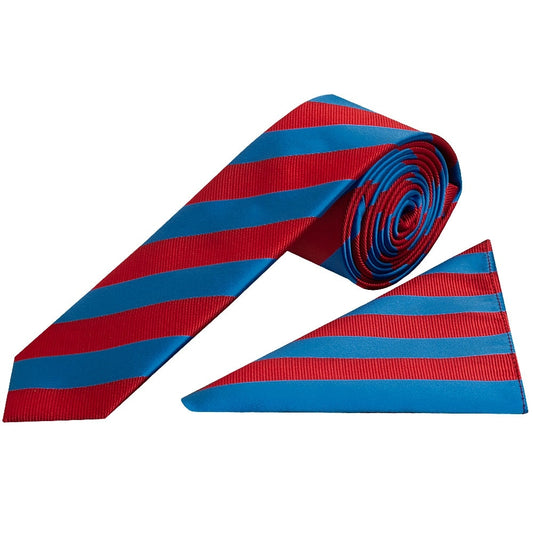 Red And Blue Striped Skinny Mens Tie And Pocket Square Set 1