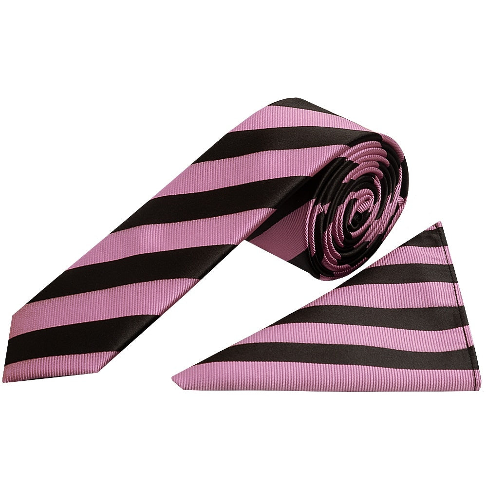 Black And Pink Striped Skinny Mens Tie And Pocket Square Set 1