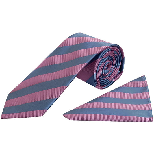 Pink And Light Blue Striped Classic Mens Tie And Pocket Square Set 1