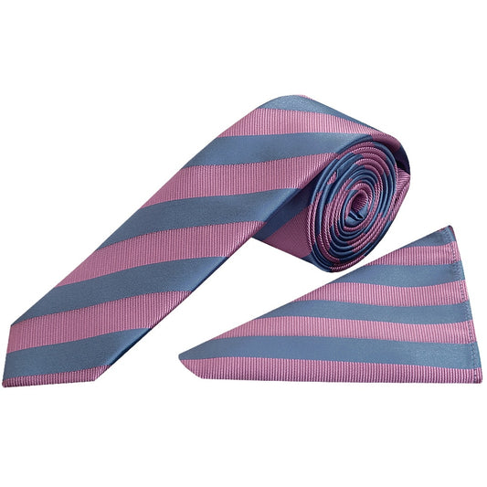 Pink And Light Blue Striped Skinny Mens Tie And Pocket Square Set 1