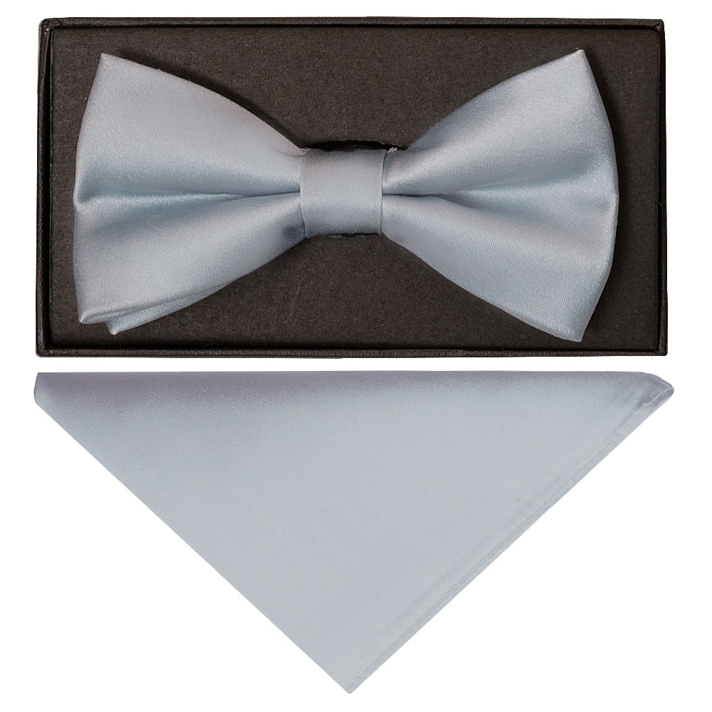 End Of Season Stock Plain Light Blue Satin Silk Mens Bow Tie And Pocket Square Set 1
