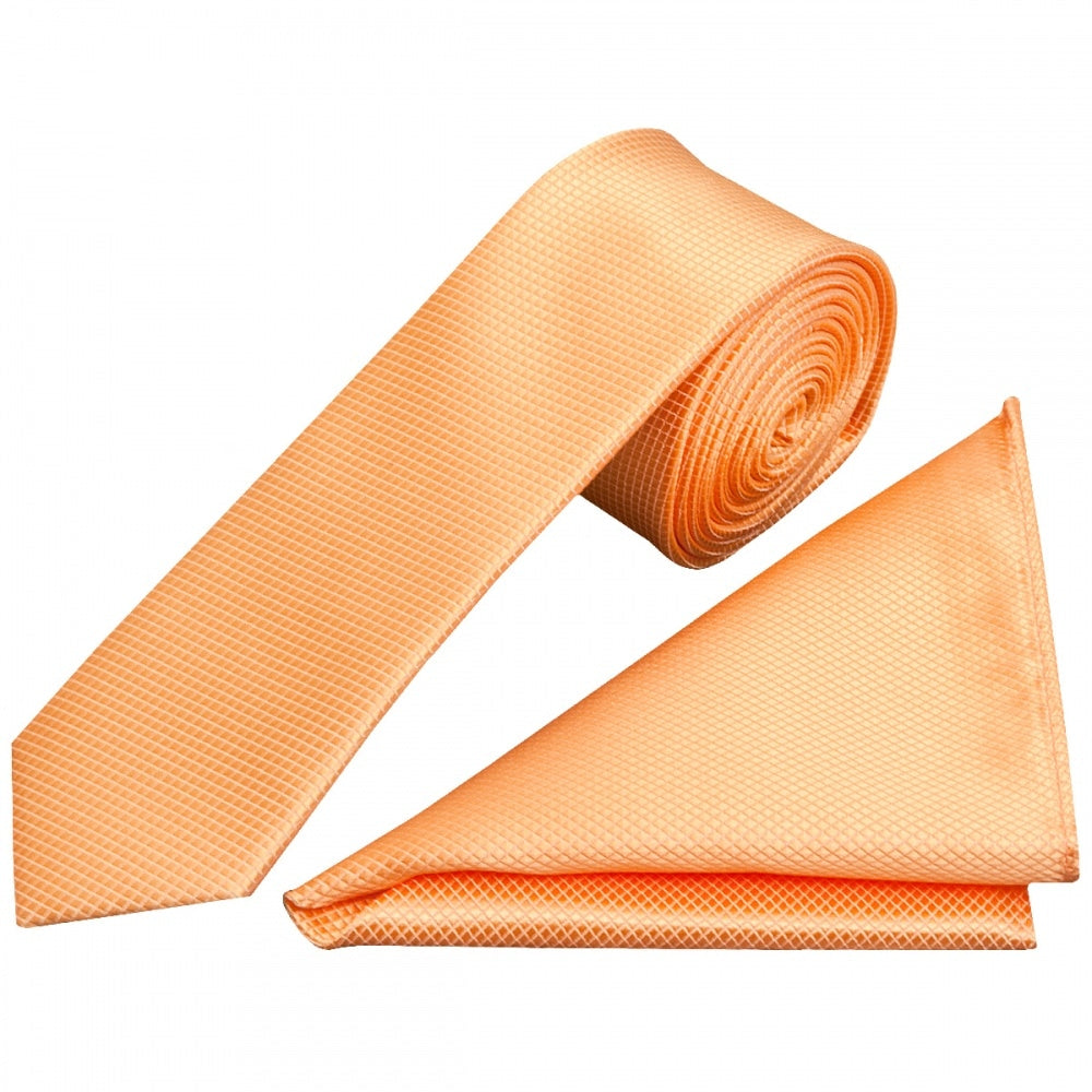 Peach Diamond Satin Skinny Boys Tie And Pocket Square Set 1