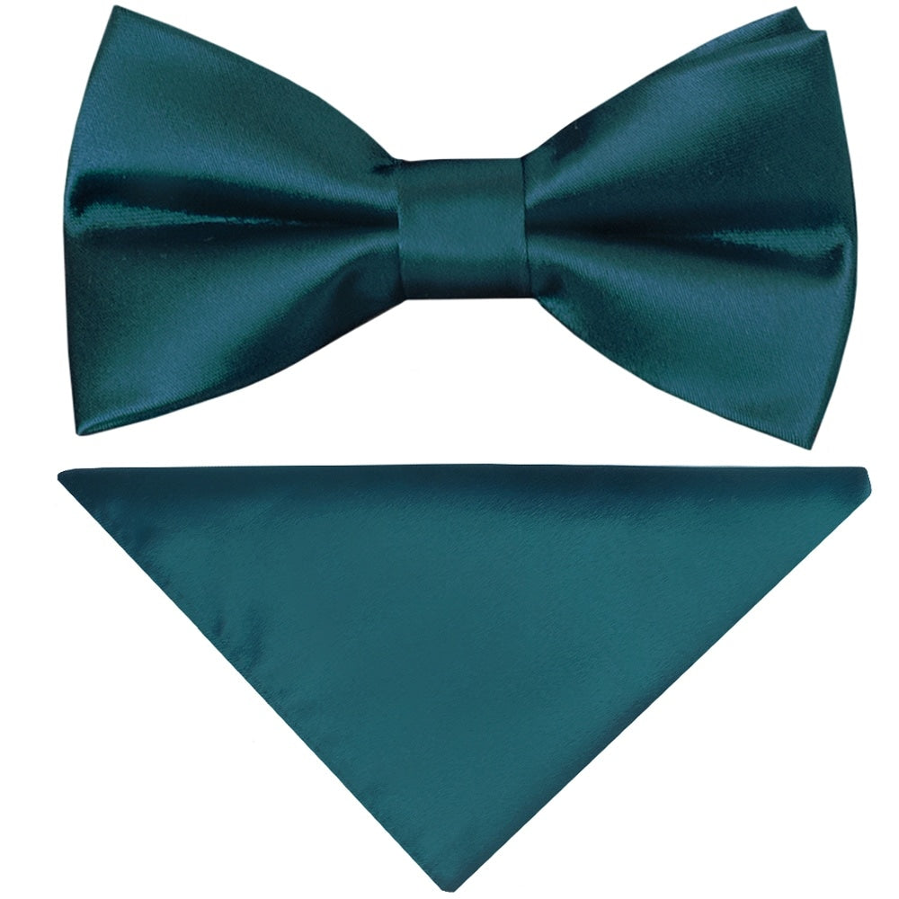 Pre Tied Dark Teal Satin Boys Bow Tie And Pocket Square Set 1