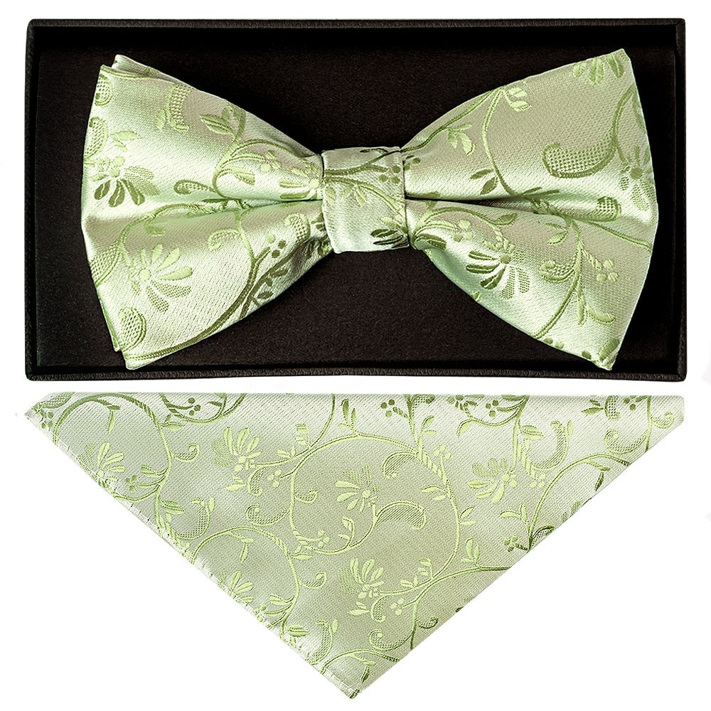 Sage Green Floral Handmade Mens Bow Tie And Pocket Square Set 1