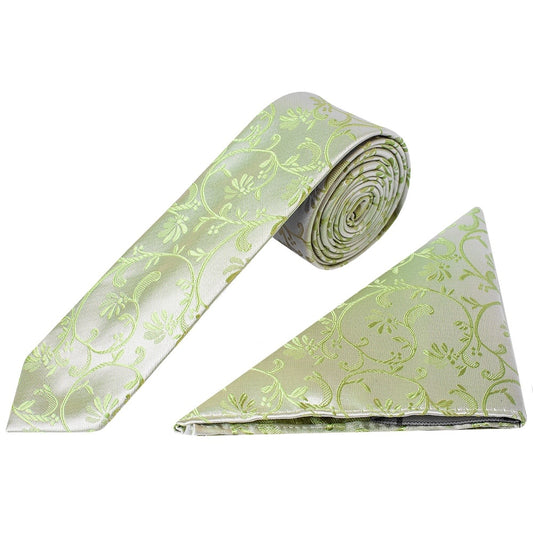 Sage Green Floral Skinny Mens Tie And Pocket Square Set 1
