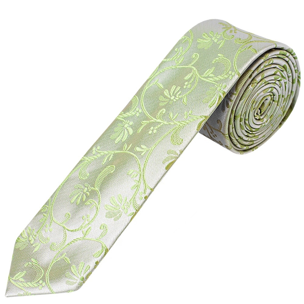 Sage Green Floral Skinny Mens Tie And Pocket Square Set 2