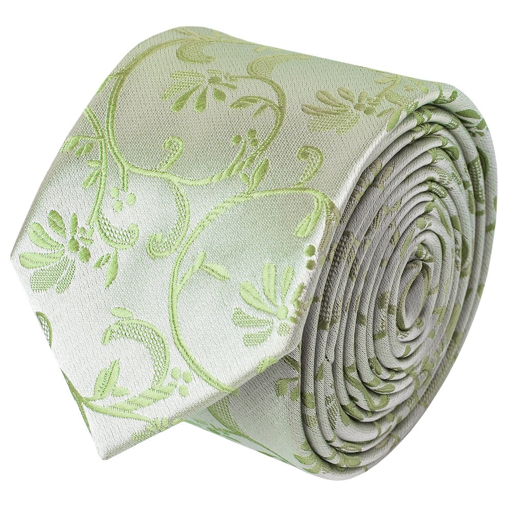 Sage Green Floral Skinny Mens Tie and Pocket Square Set