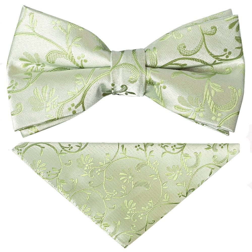 Pre Tied Sage Green Floral Boys Bow Tie And Pocket Square Set 1