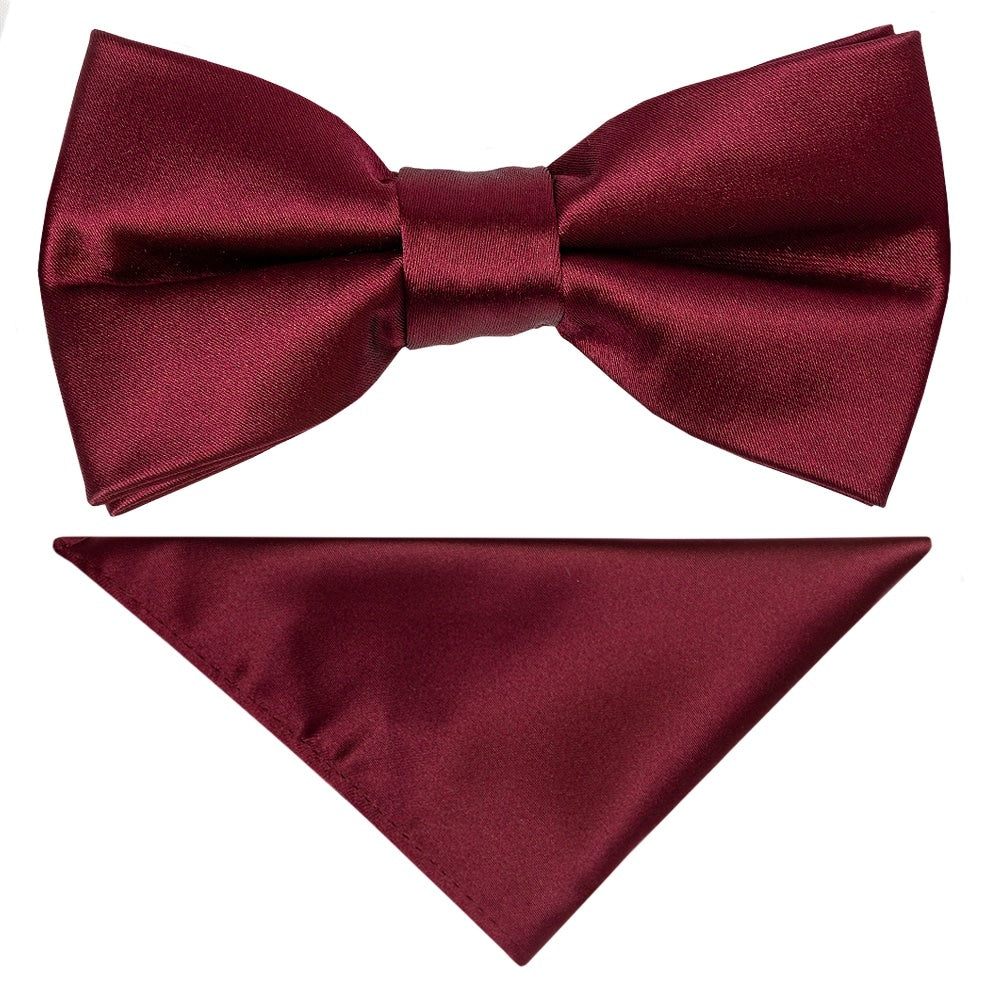 Pre Tied Burgundy Satin Boys Bow Tie And Pocket Square Set 1