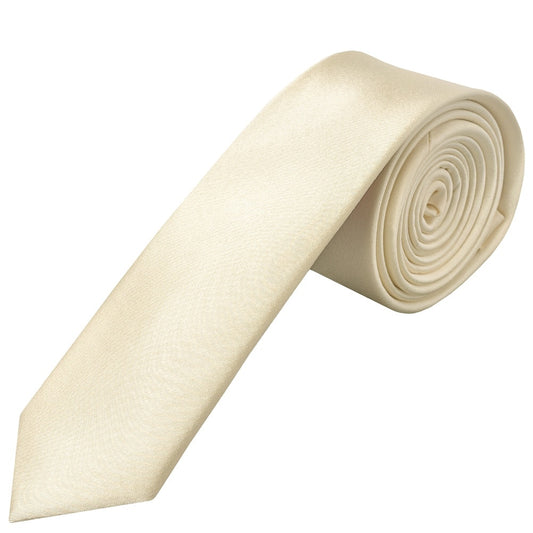 End Of Season Plain Ivory Satin Silk Skinny Mens Tie 1