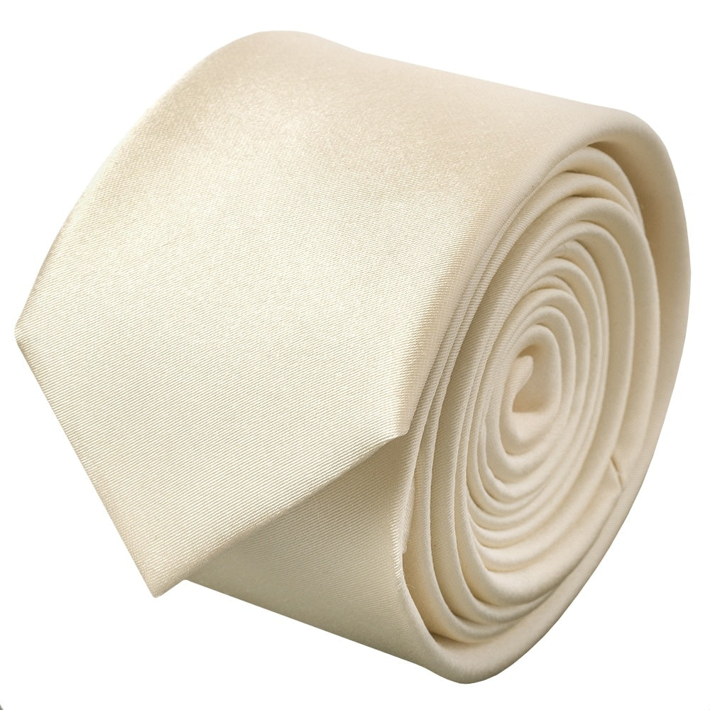 End Of Season Plain Ivory Satin Silk Skinny Mens Tie 2