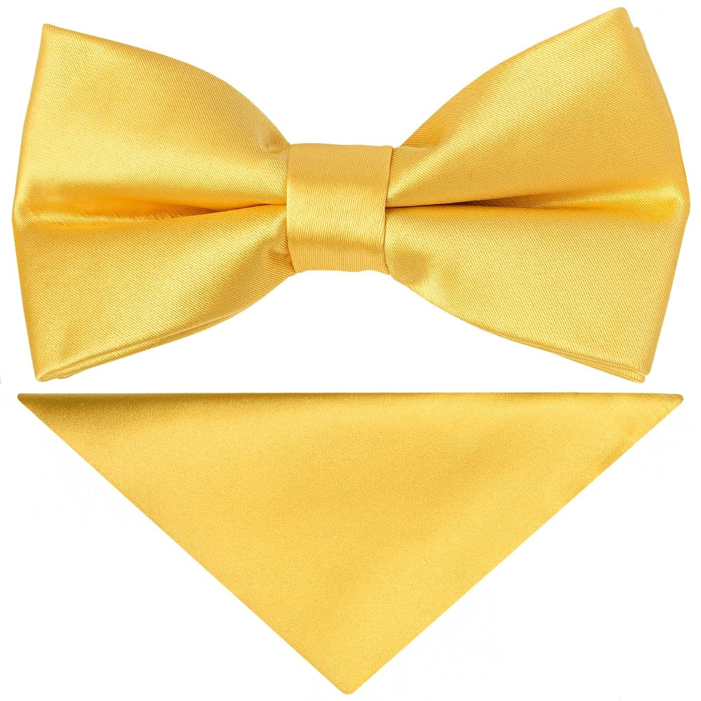 Pre Tied Yellow Gold Satin Boys Bow Tie And Pocket Square Set 1