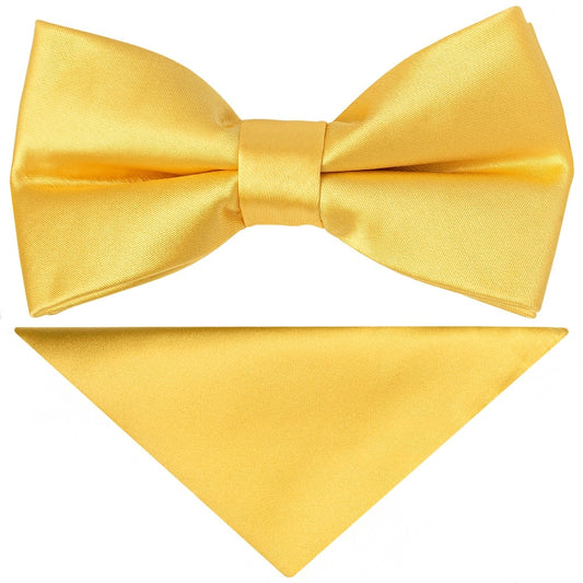 Pre Tied Yellow Gold Satin Boys Bow Tie And Pocket Square Set 1