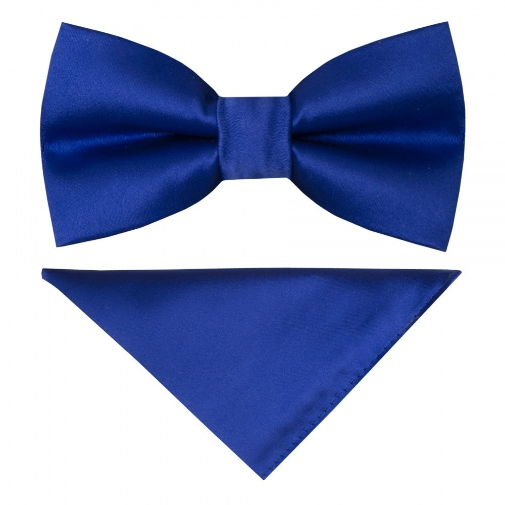 Pre Tied Royal Blue Satin Boys Bow Tie and Pocket Square Set Age 4-7