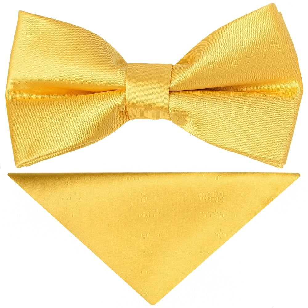 Pre Tied Yellow Gold Satin Boys Bow Tie And Pocket Square Set Age 4 7 1