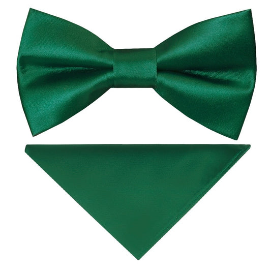 Pre Tied Forest Green Satin Boys Bow Tie and Pocket Square Set Age 4-7