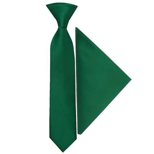 Pre Tied Forest Green Satin Boys Tie and Pocket Square Set Age 4-7
