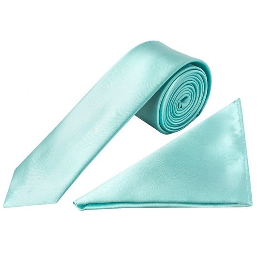 Aqua Satin Skinny Mens Tie and Pocket Square Set