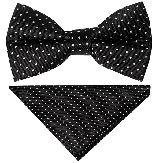 Pre Tied Black Polka Dot Boys Bow Tie And Pocket Square Set 1