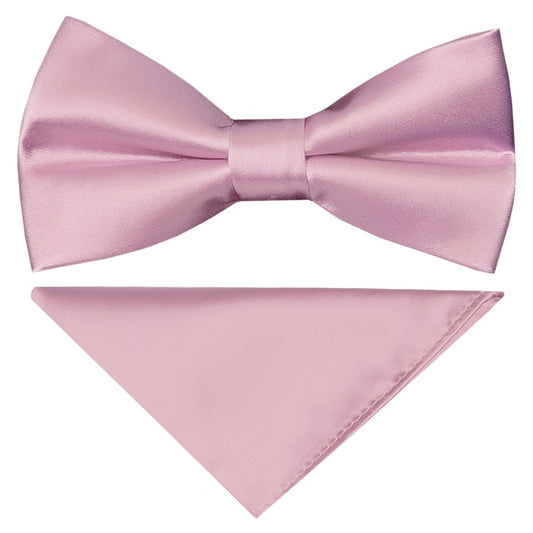 Pre Tied Light Dusty Pink Satin Boys Bow Tie And Pocket Square Age 4 7 1