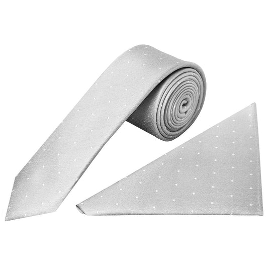 Silver With White Spot Silk Skinny Tie And Pocket Square Set 1