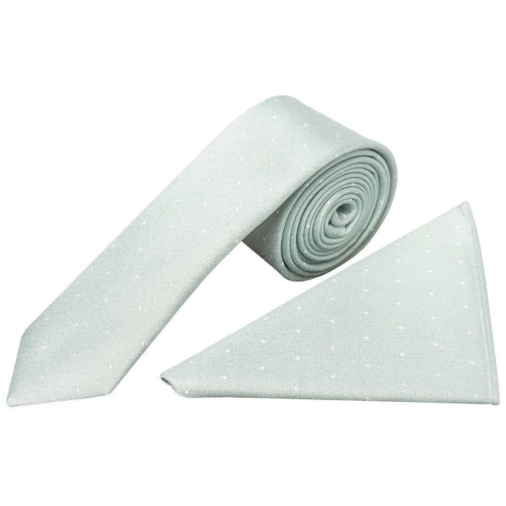 Duck Egg With White Spot Silk Skinny Tie And Pocket Square 1