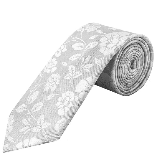 Silver With White Floral Silk Classic Tie 1