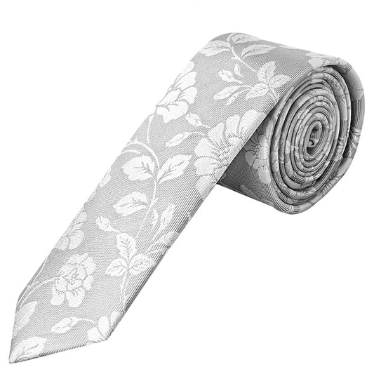 Mens Silver With White Floral Silk Skinny Tie 1