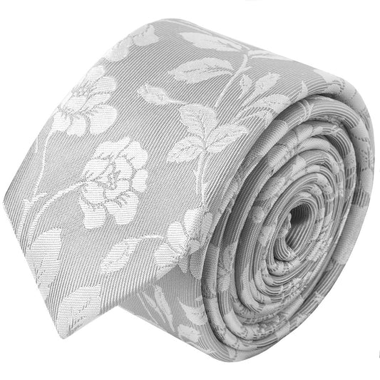 Mens Silver With White Floral Silk Skinny Tie 2