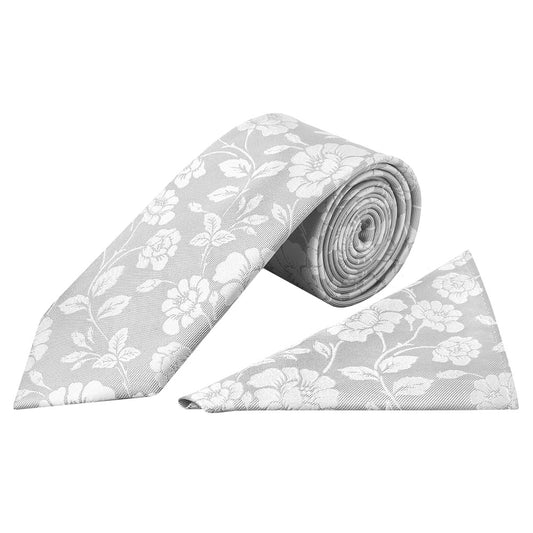 Mens Silver With White Floral Silk Classic Tie And Pocket Square 1