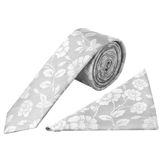 Silver With White Floral Silk Skinny Tie And Pocket Square Set 1