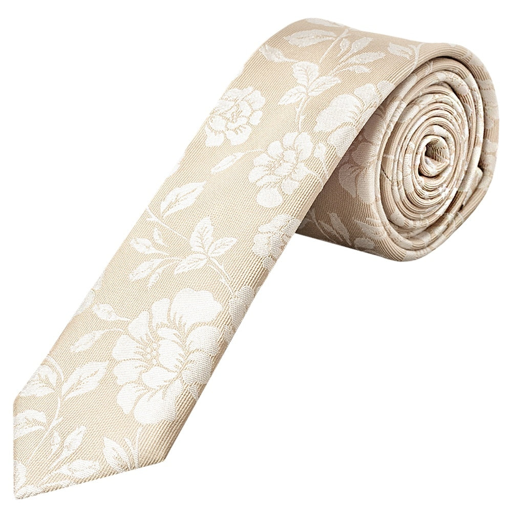Champagne With White Floral Silk Skinny Tie 1
