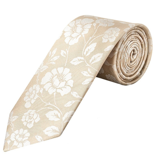 Champagne With White Floral Silk Classic Tie And Pocket Square 2