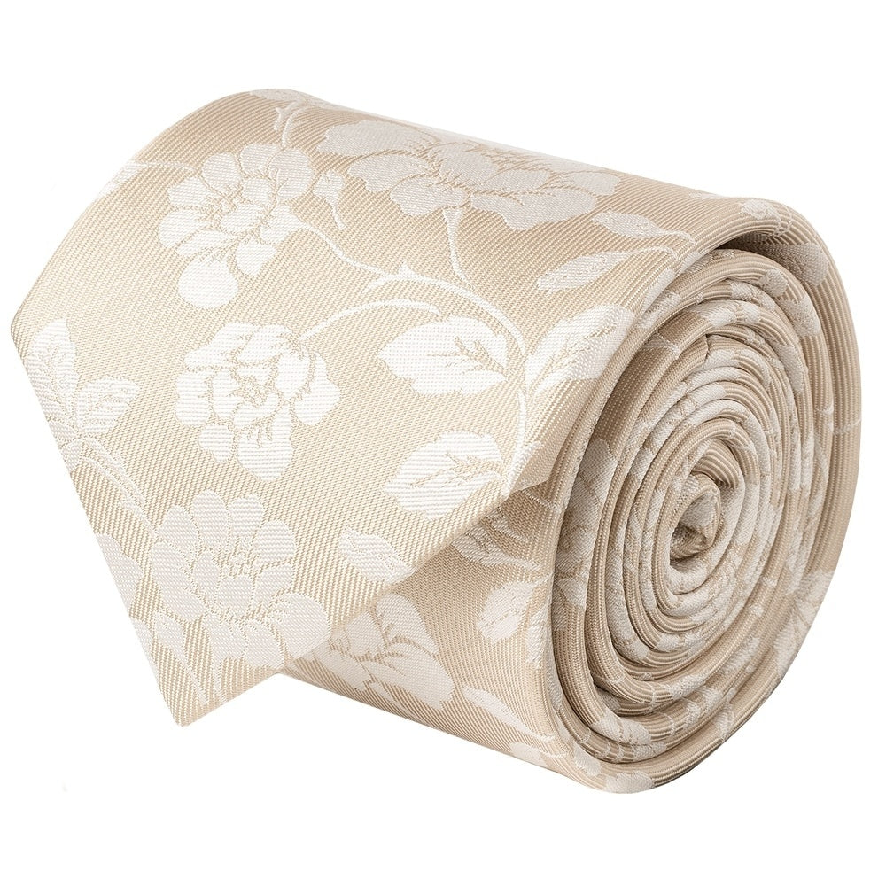 Champagne With White Floral Silk Classic Tie And Pocket Square 3