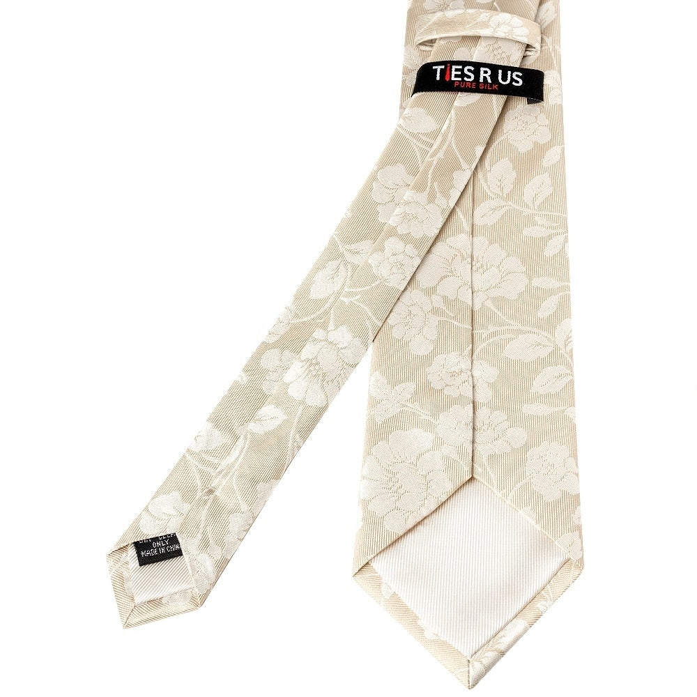 Champagne With White Floral Silk Classic Tie And Pocket Square 4