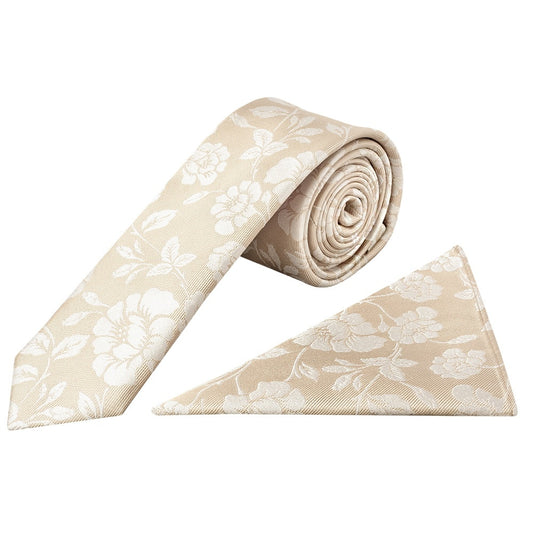 Champagne With White Floral Silk Skinny Tie And Pocket Square Set 1