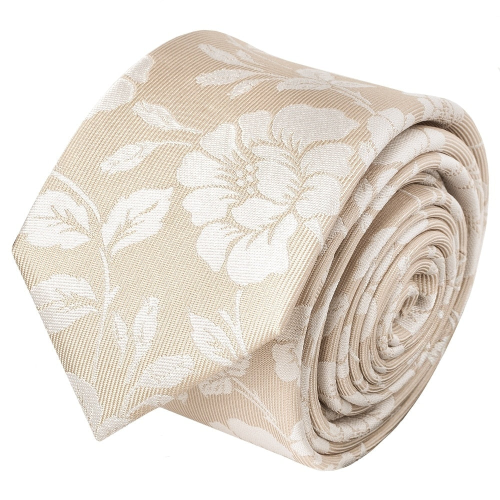 Champagne With White Floral Silk Skinny Tie And Pocket Square Set 3