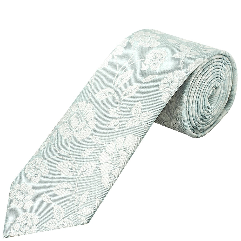 Duck Egg With White Floral Silk Classic Tie 1