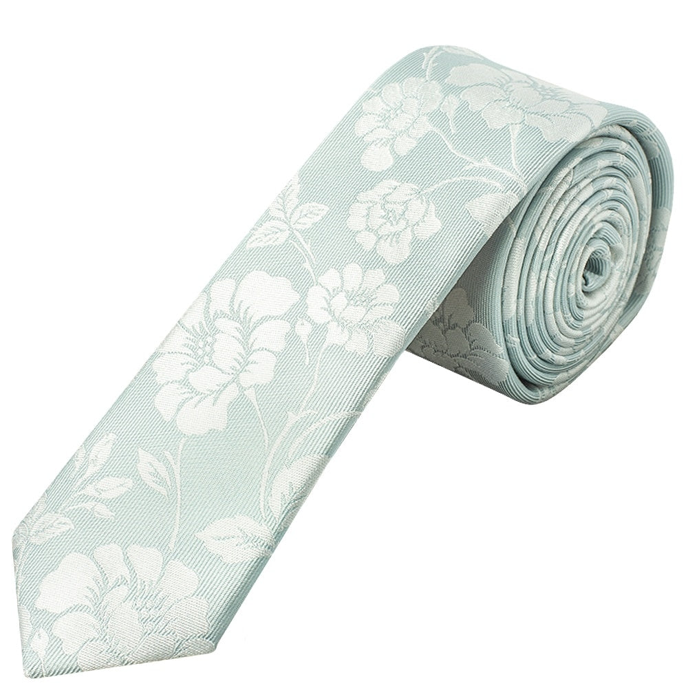 Duck Egg With White Floral Silk Skinny Tie 1