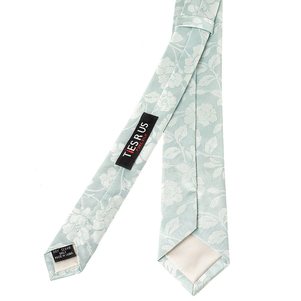 Duck Egg With White Floral Silk Skinny Tie 3